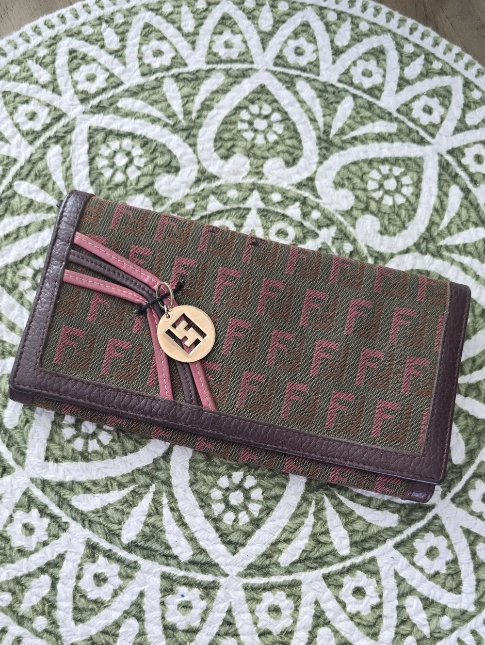 Fendi Olive & Pink Zucca Continental Wallet with Gold-Tone FF Charm